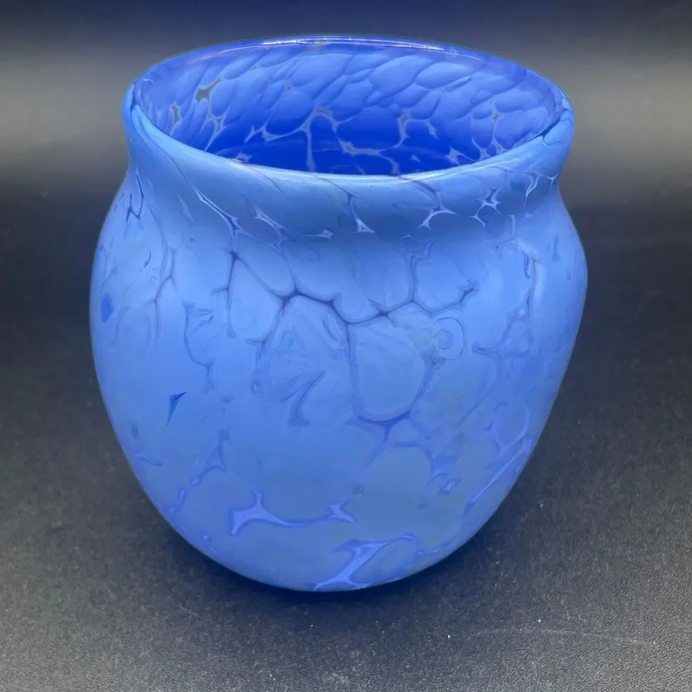 Vintage Blue Mottled Art Glass Tumbler Vase Set Hand Blown Rough Pontil Mark MCM